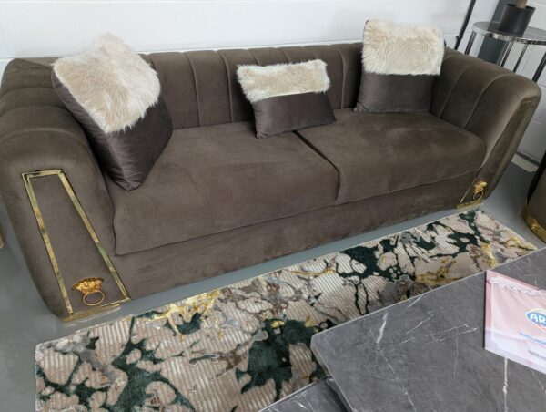 Brown Sofa Set with Golden Accents and Ring